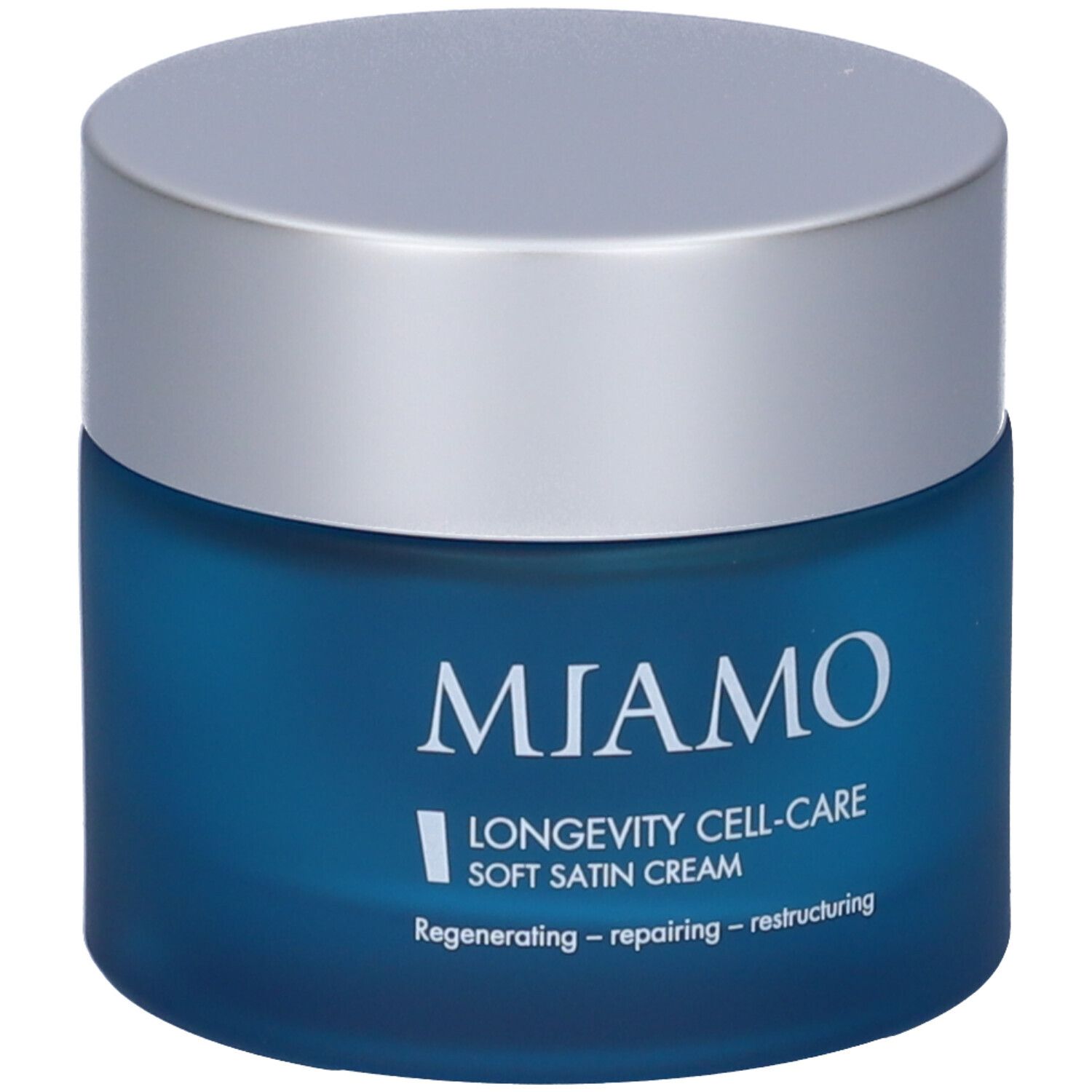 Vaso blu con coperchio argentato. Scritta: MIAMO, Longevity Cell-Care Soft Satin Cream.