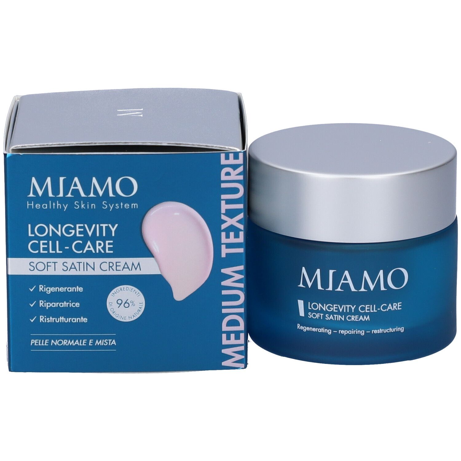 Confezione del prodotto. Testo: MIAMO Healthy Skin System, Longevity Cell-Care Soft Satin Cream.