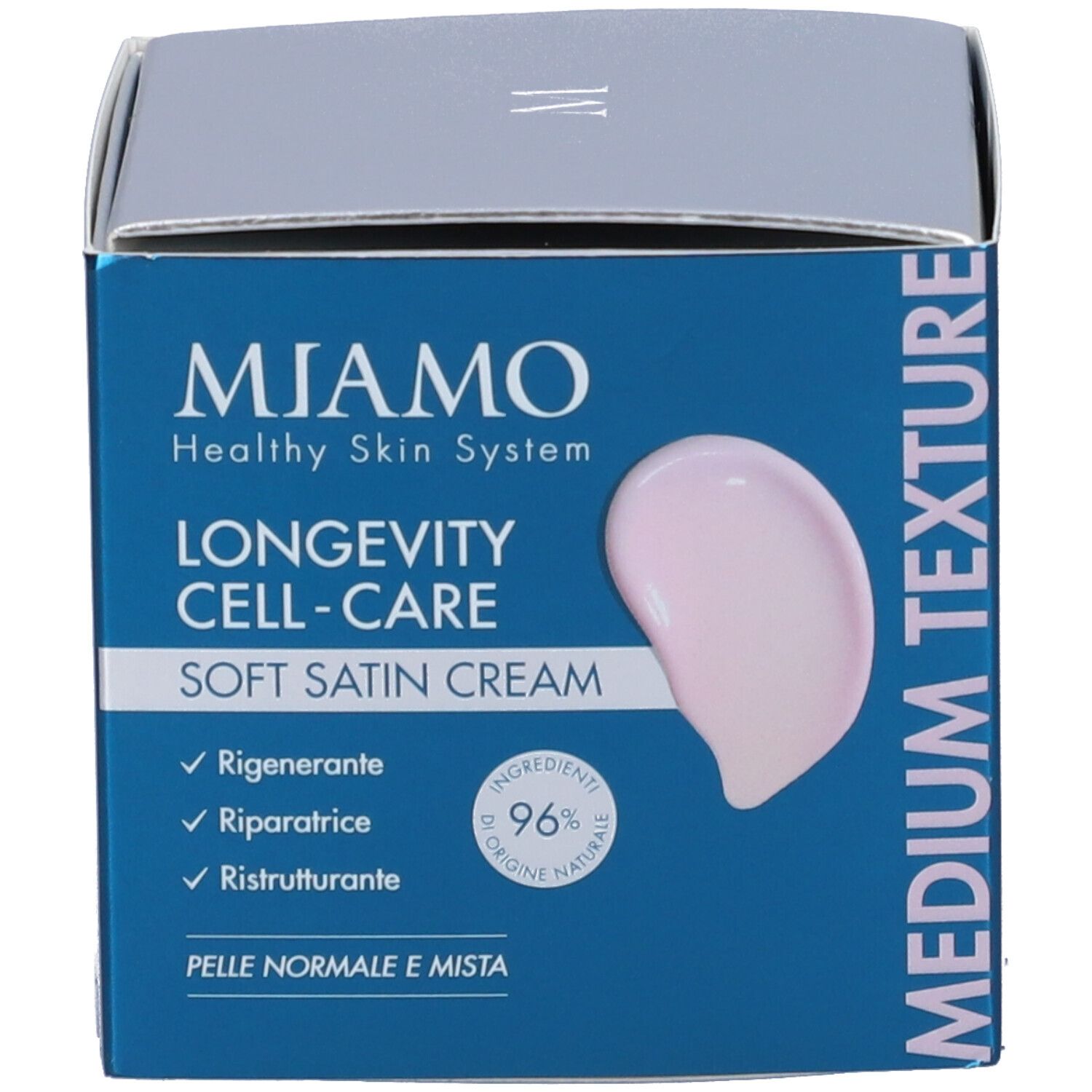 Confezione del prodotto. Testo: MIAMO Healthy Skin System, Longevity Cell-Care Soft Satin Cream.