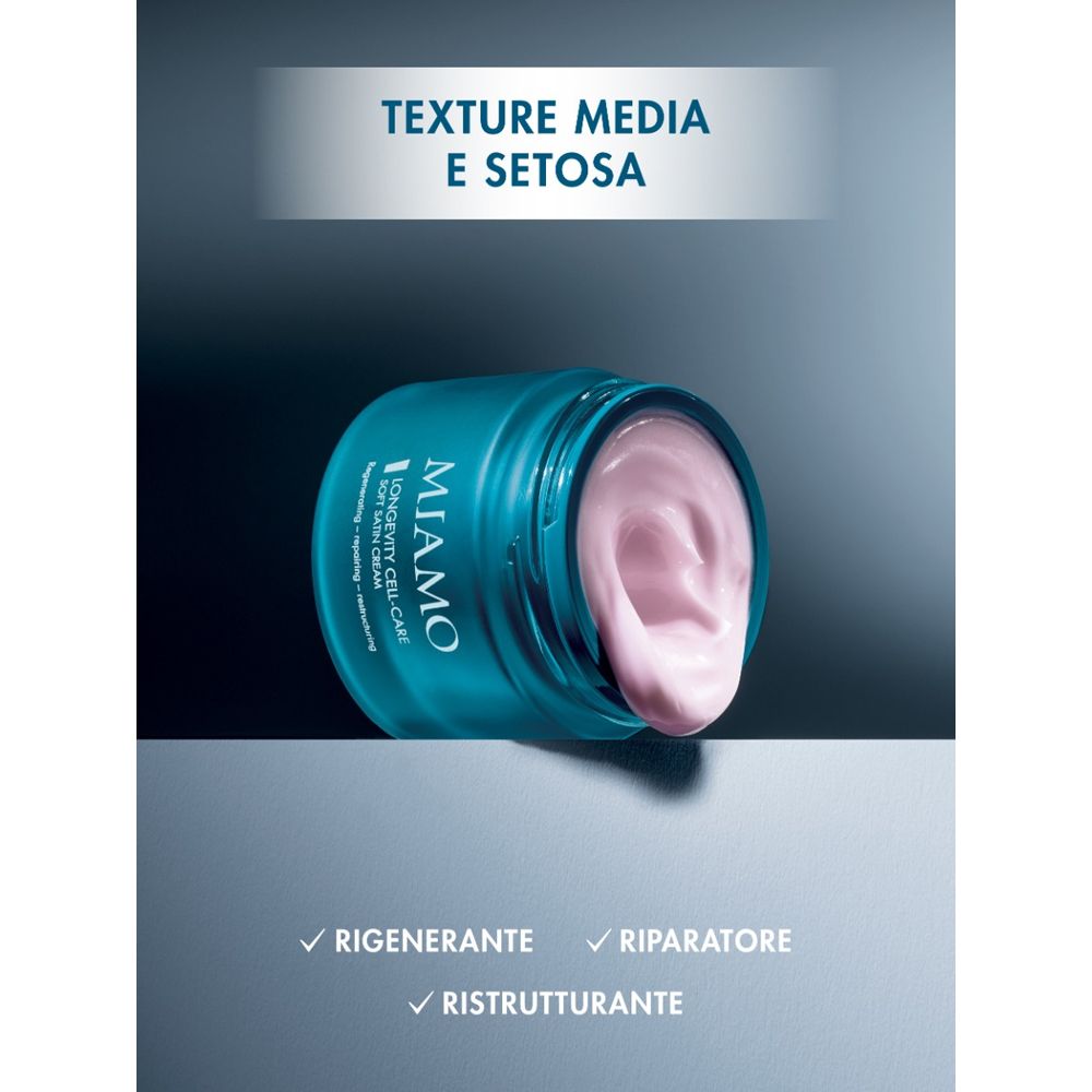 Vaso blu con crema rosa. Testo: Texture Media e Setosa, Rigenarante, Riparatore, Ristrutturante.