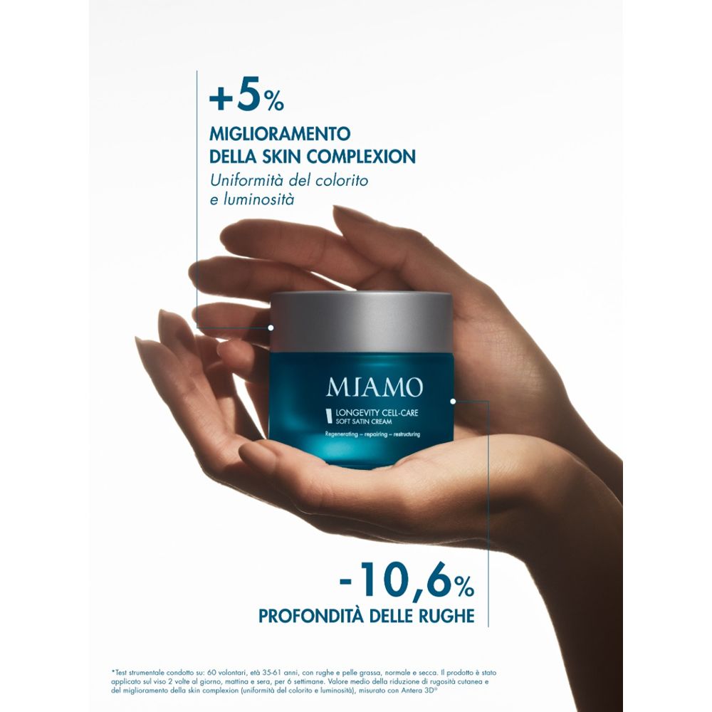 Mani che tengono vaso. Testo: +5% miglioramento della skin complexion, -10,6% profondità delle rughe.