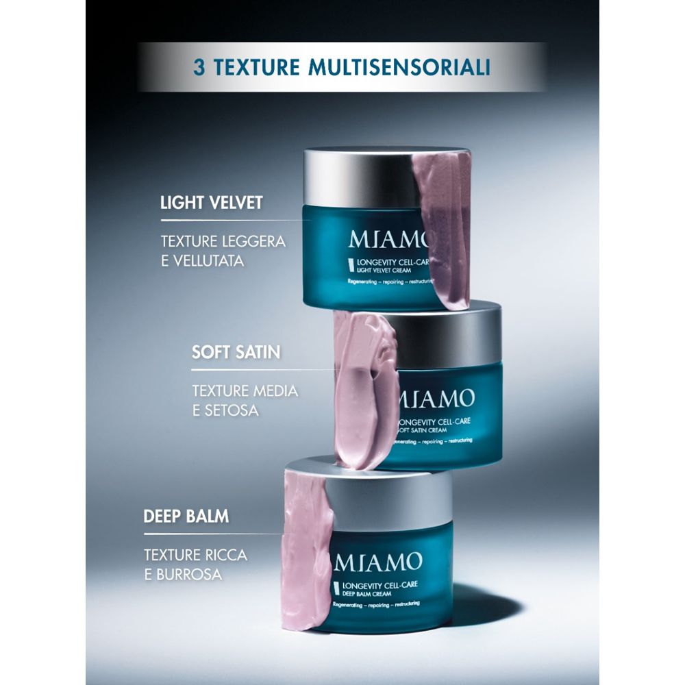 Tre vasi con crema. Testo: Light Velvet, Soft Satin, Deep Balm. MIAMO Longevity Cell-Care.