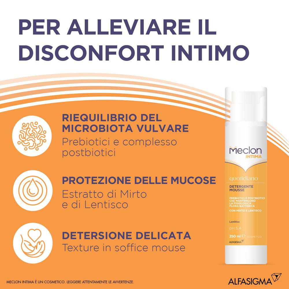 Meclon Intima Reinigungsmousse Flasche mit Text über Vulva-Mikrobiom, Schleimhautschutz und sanfte Reinigung.