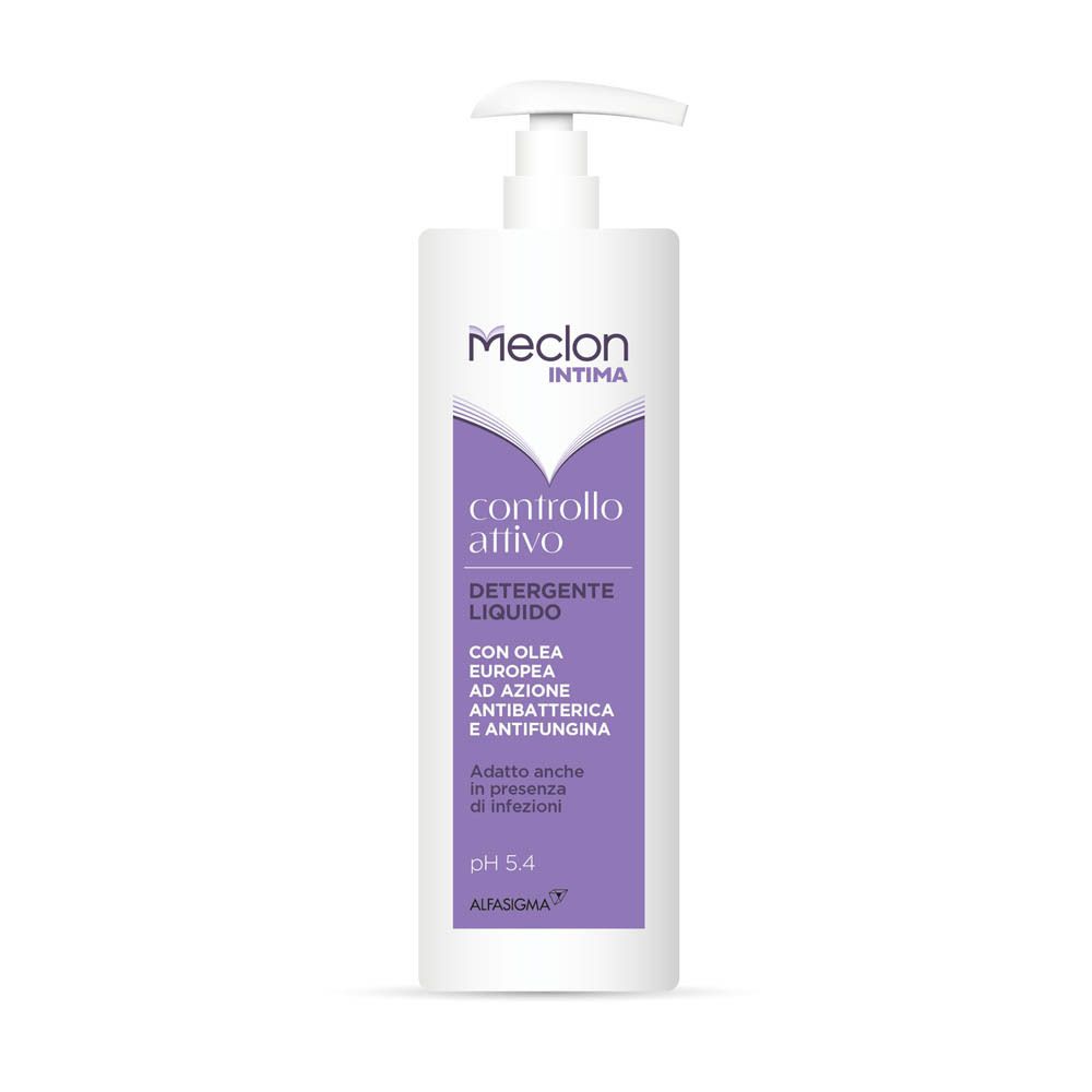 Weiße Pumpflasche mit Meclon Intima Controllo Attivo flüssigem Reinigungsmittel.