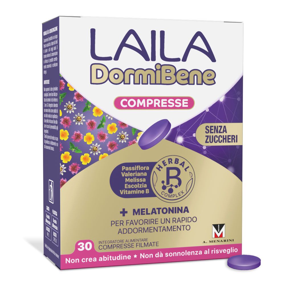 Schachtel mit Laila DormiBene Compresse. Enthält 30 Tabletten. Aufschrift: Ohne Zucker. Enthält Melatonin.