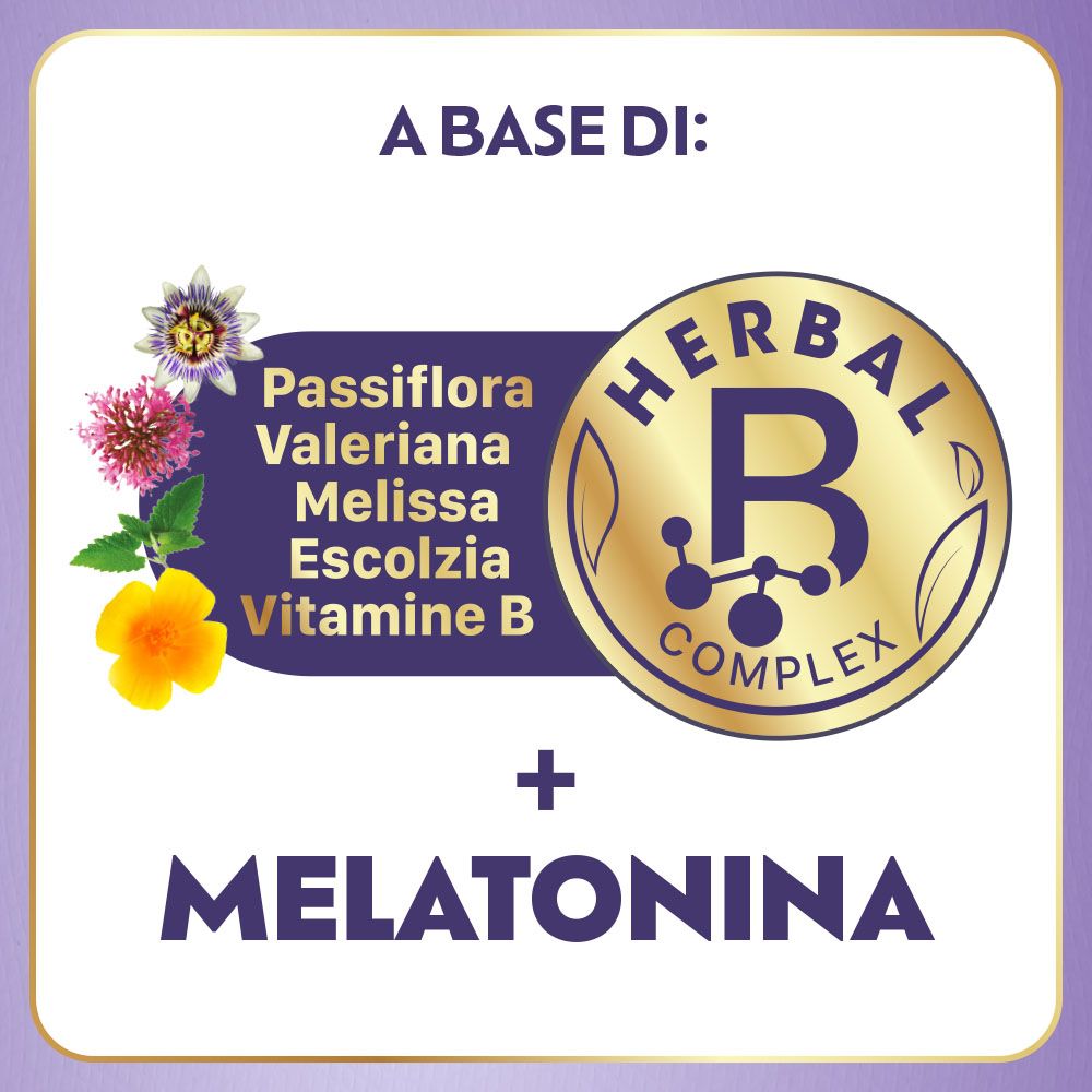 Nahaufnahme von Inhaltsstoffen: Passionsblume, Baldrian, Melisse, Eschscholzia, Vitamin B und Melatonin.
