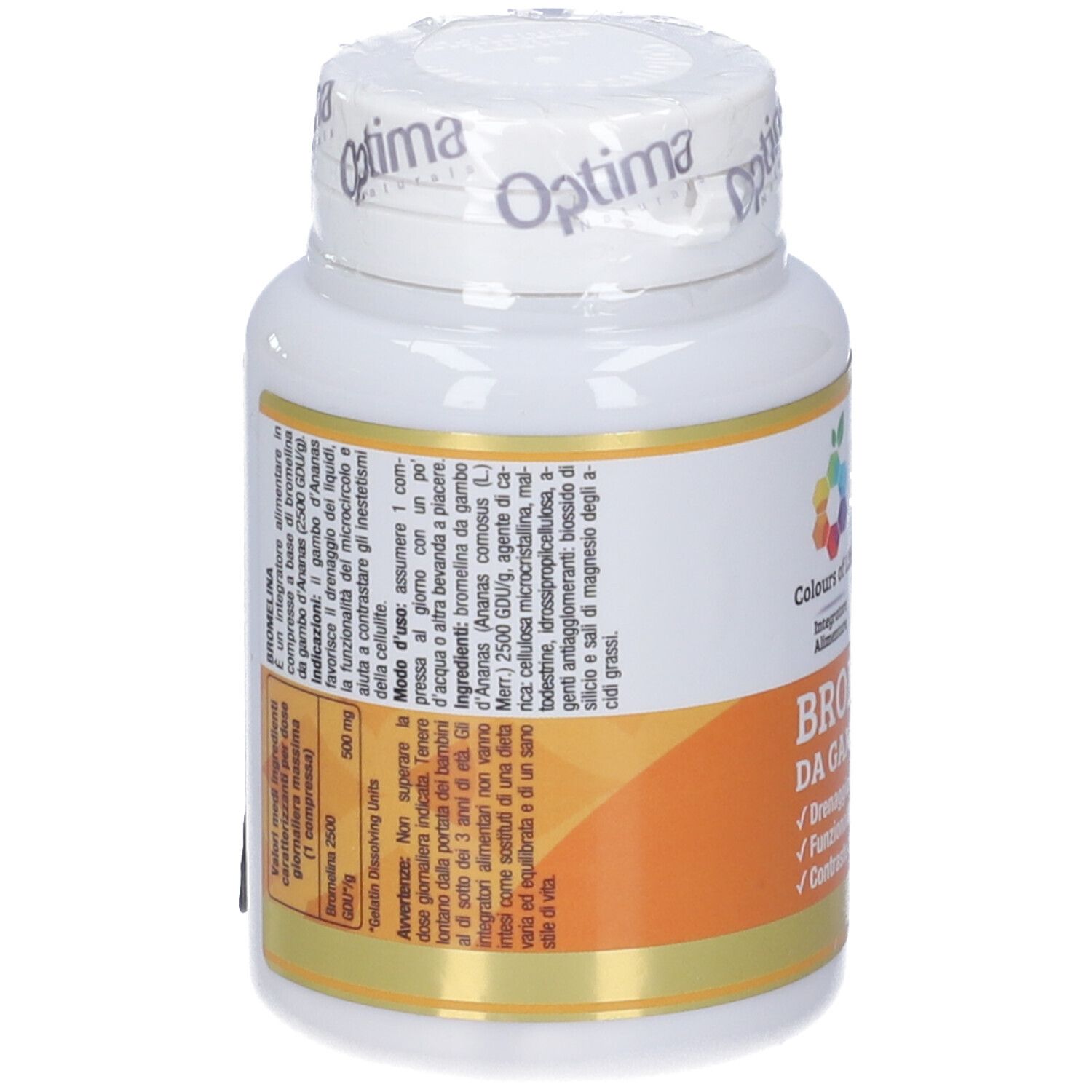 Retro del flacone di Bromelina. Testo: ingredienti, modo d'uso, avvertenze. Marca: Optima Naturals.
