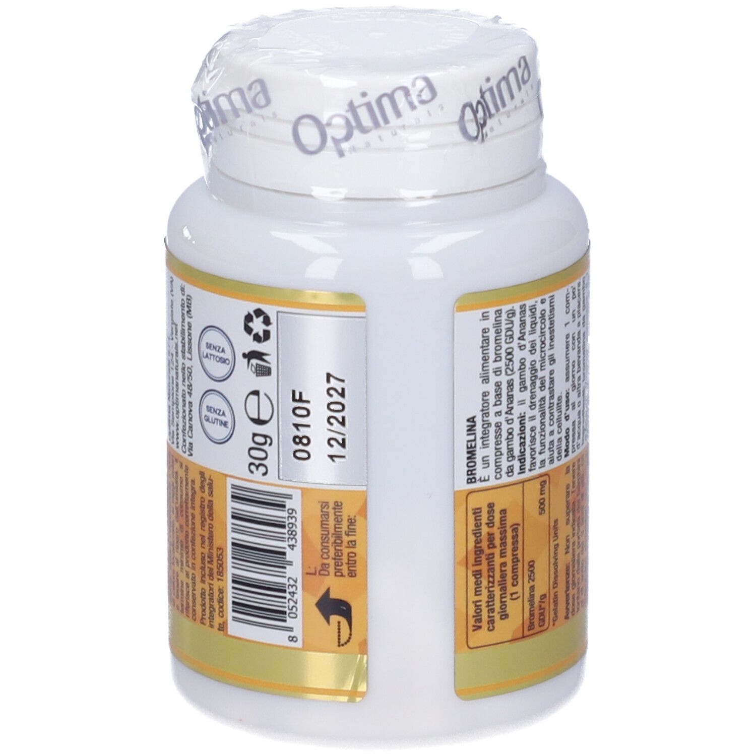 Retro del flacone di Bromelina. Testo: valori nutrizionali, scadenza, numero di lotto. Marca: Optima Naturals.