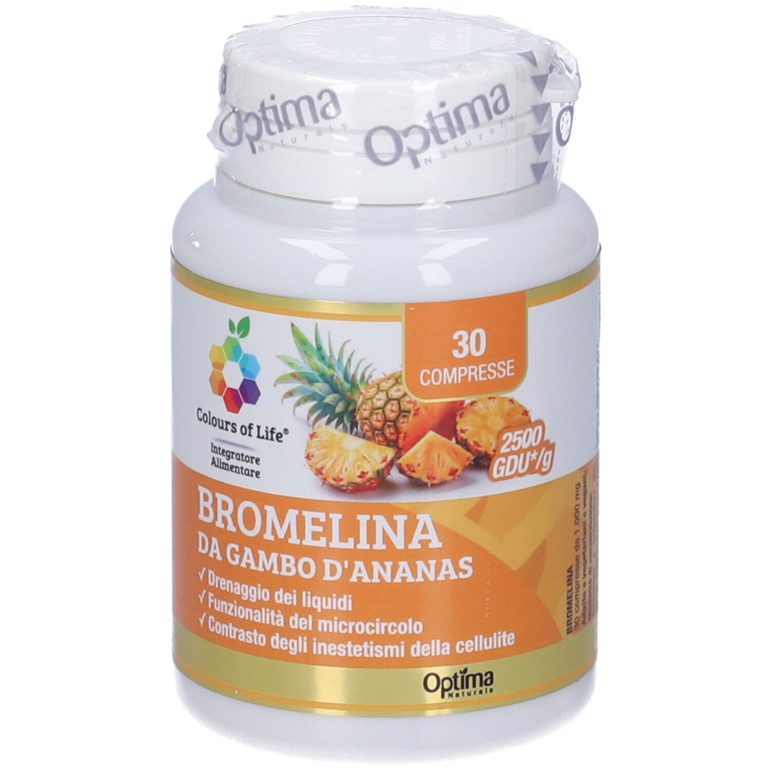 Flacone bianco di Bromelina. Scritta: Colours of Life, Bromelina da Gambo d'Ananas, 30 compresse.