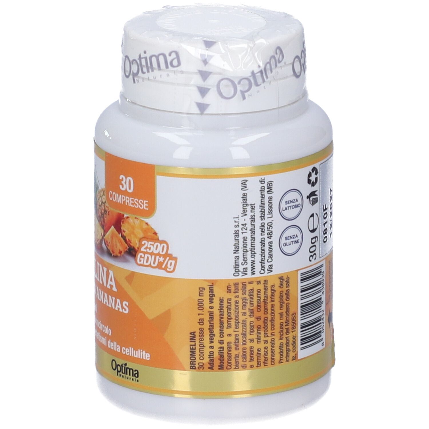 Retro del flacone di Bromelina. Testo: valori nutrizionali, scadenza, numero di lotto. Marca: Optima Naturals.