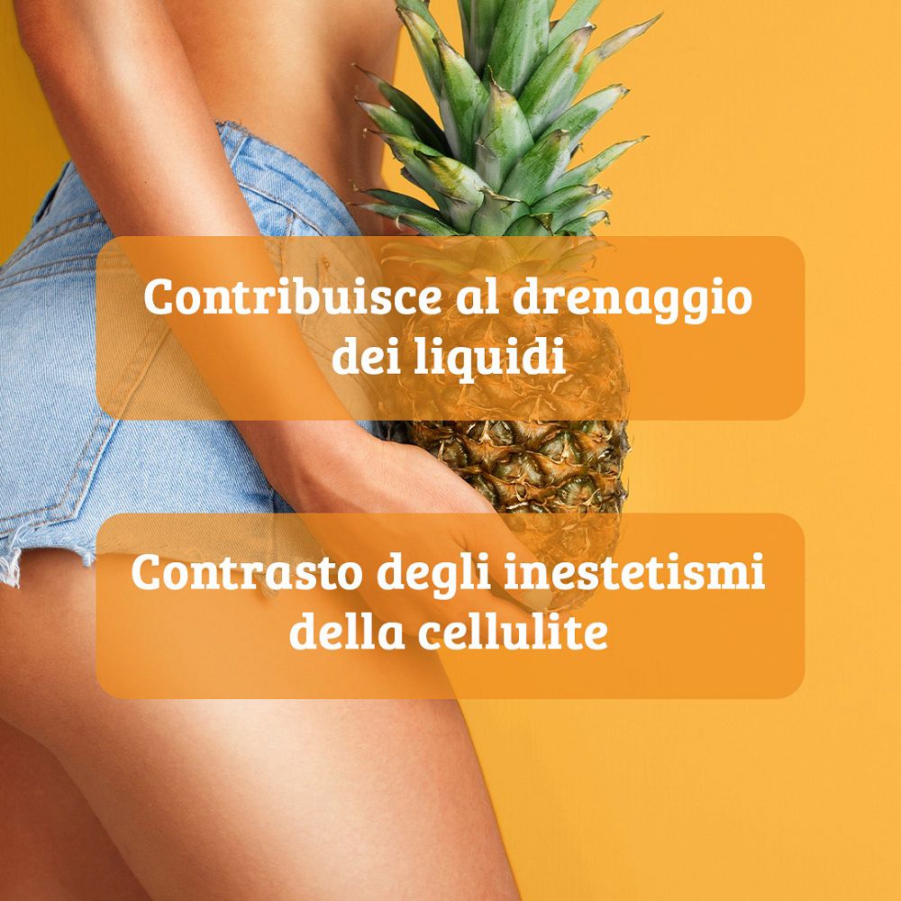 Frau hält eine Ananas; Text über Flüssigkeitsdrainage und Cellulite.