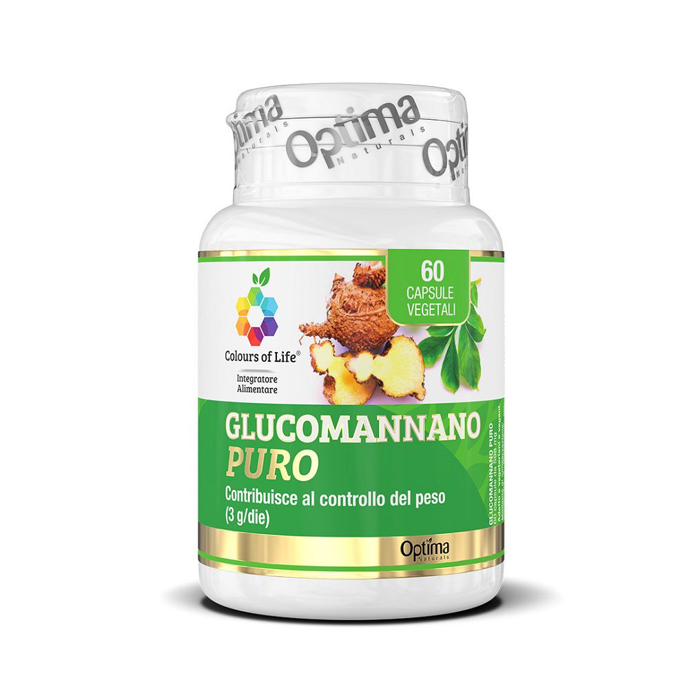 Weiße Kapselverpackung mit Glucomannan-Etikett und Abbildung von Glucomannan-Wurzel.