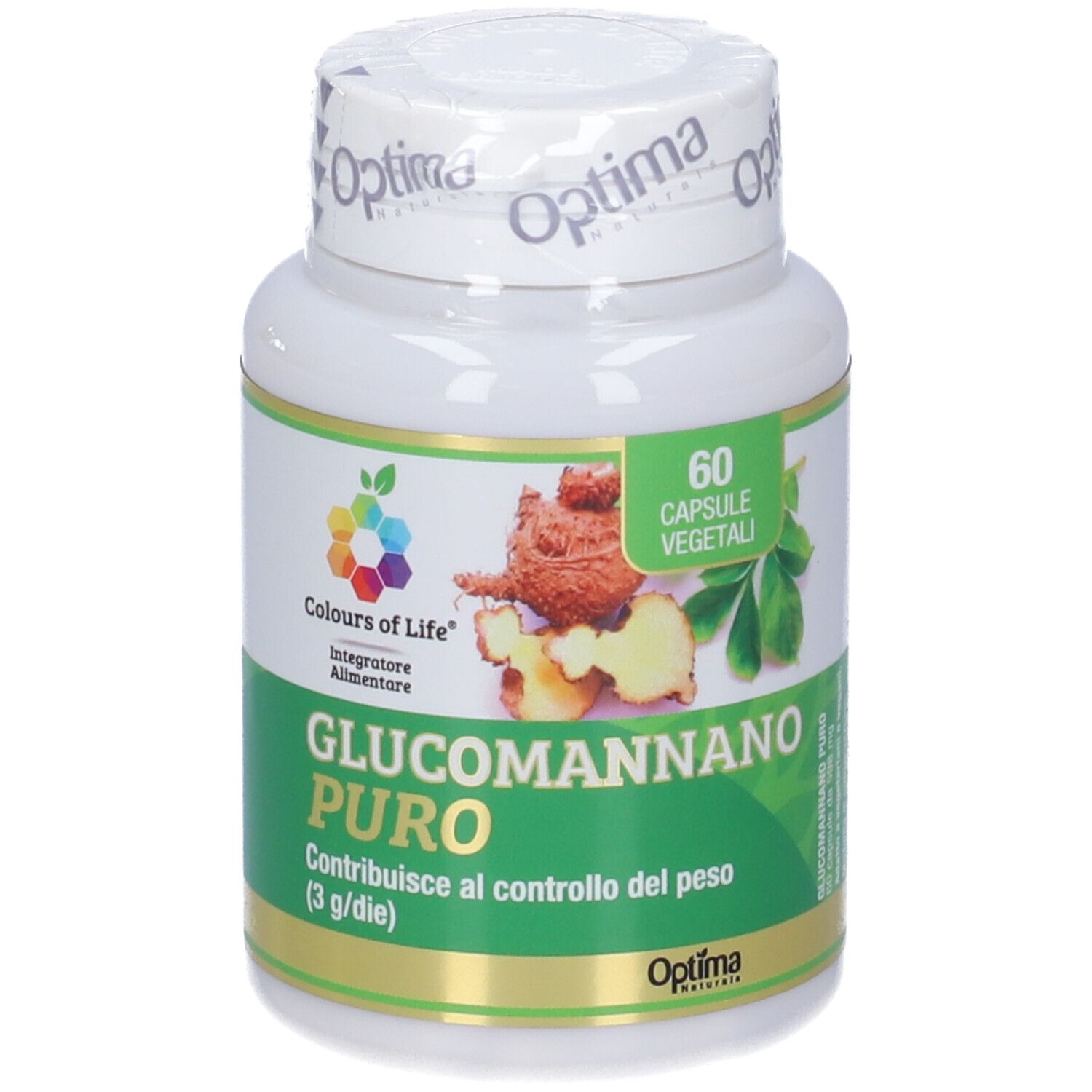 Weiße Flasche mit grünem Etikett. Aufschrift: Glucomannano Puro, 60 Kapseln. Logo: Colours of Life.