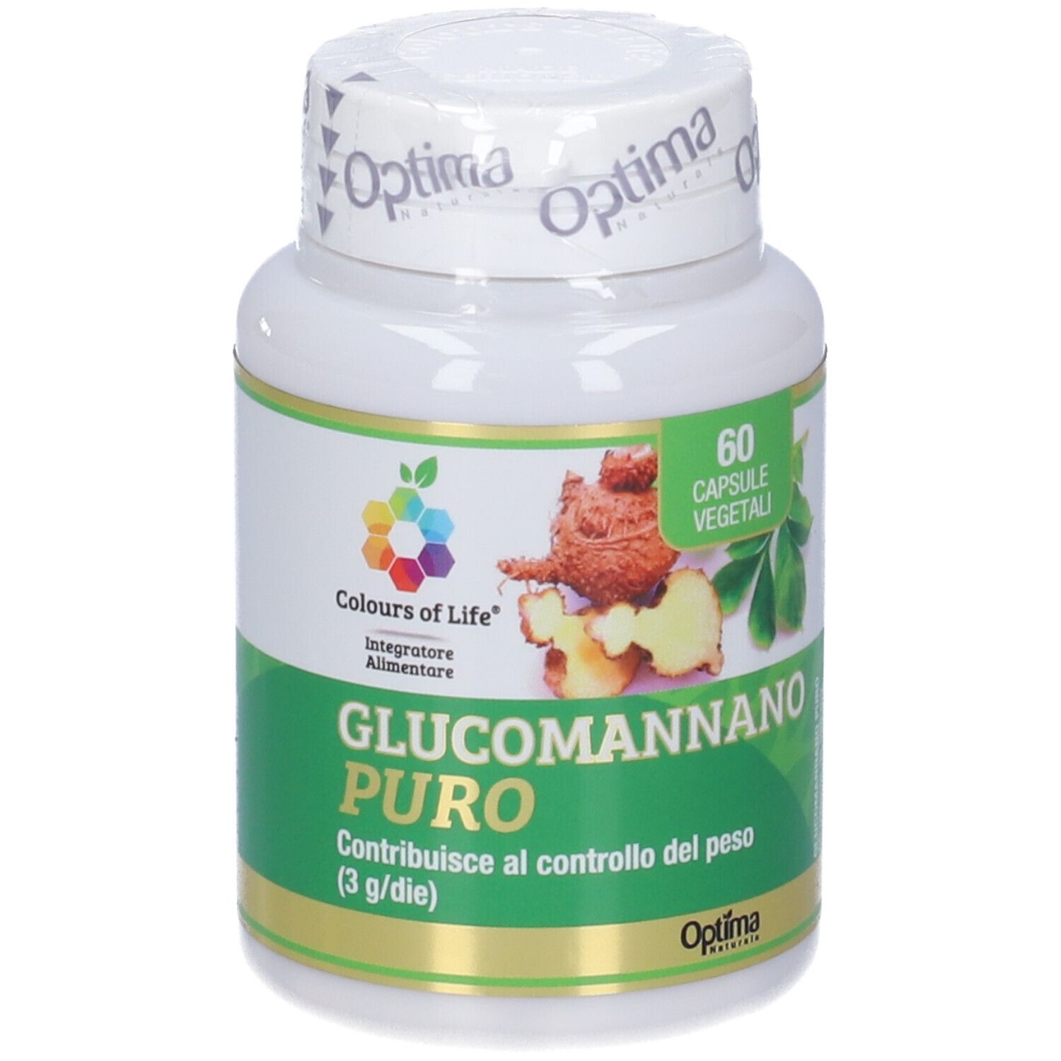 Weiße Flasche mit grünem Etikett. Aufschrift: Glucomannano Puro, 60 Kapseln. Logo: Colours of Life.