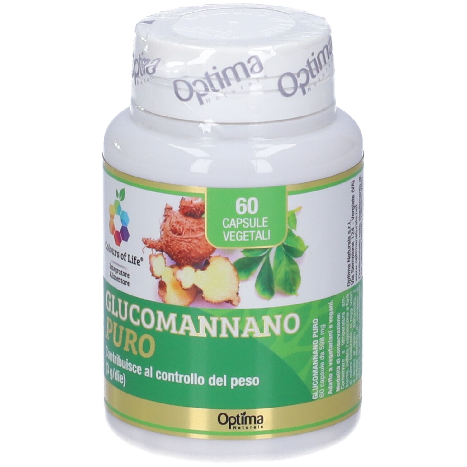 Weiße Flasche mit grünem Etikett. Aufschrift: Glucomannano Puro, 60 Kapseln. Logo: Colours of Life.