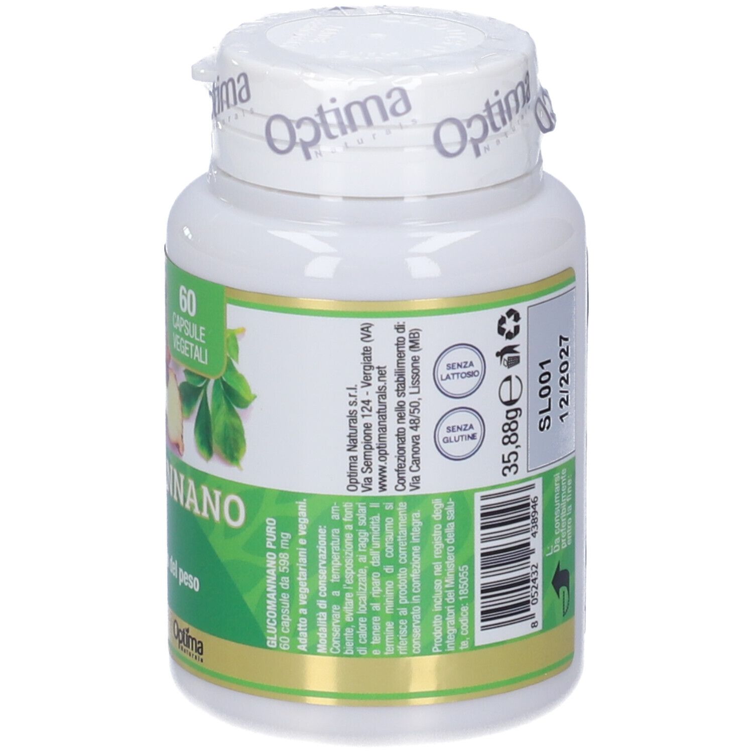 Weiße Flasche mit grünem Etikett. Aufschrift: Glucomannano Puro, 60 Kapseln. Logo: Optima Naturals.