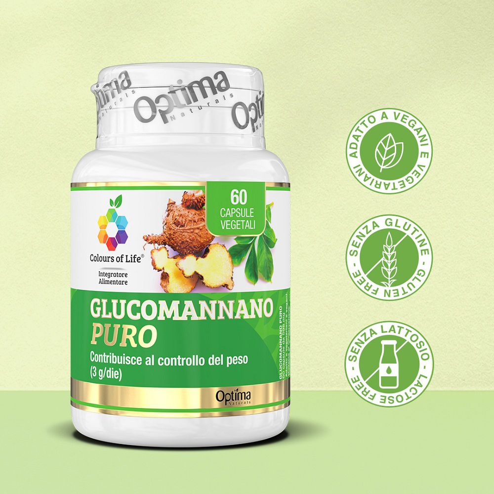 Weiße Kapselverpackung mit Glucomannan-Etikett und Siegeln für vegan, glutenfrei, laktosefrei.