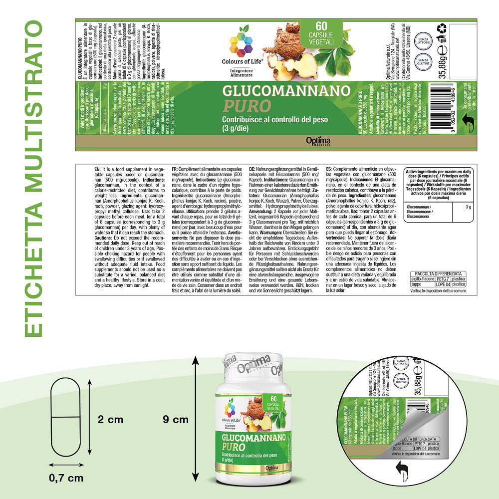 Verpackungsdetails: Vorderseite, Rückseite und Seitenansicht der Glucomannan-Kapselverpackung mit Größenangaben.