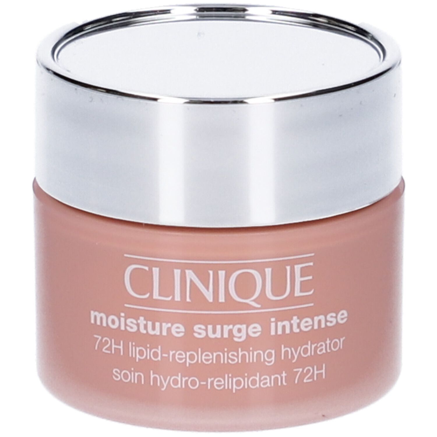 Vaso di crema con coperchio argentato. Scritta: CLINIQUE, moisture surge intense, 72H. Crema rosa.