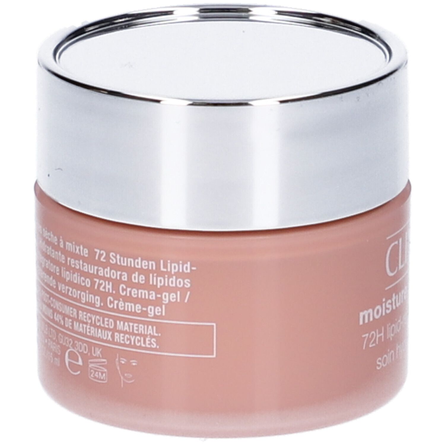 Vaso di crema con coperchio argentato. Scritta: CLINIQUE, moisture surge intense, 72H. Testo sul retro.
