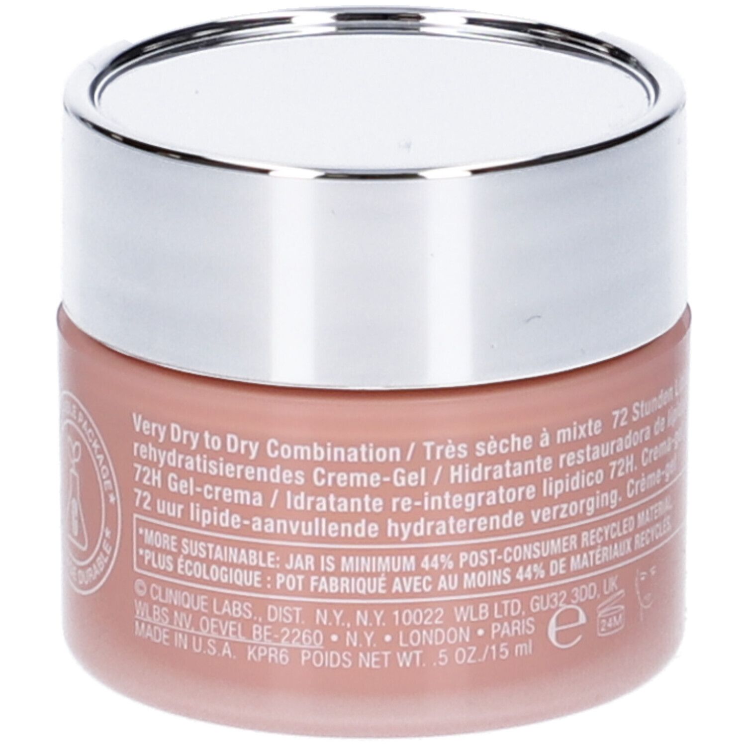 Vaso di crema con coperchio argentato. Scritta: CLINIQUE, moisture surge intense, 72H. Testo sul retro.
