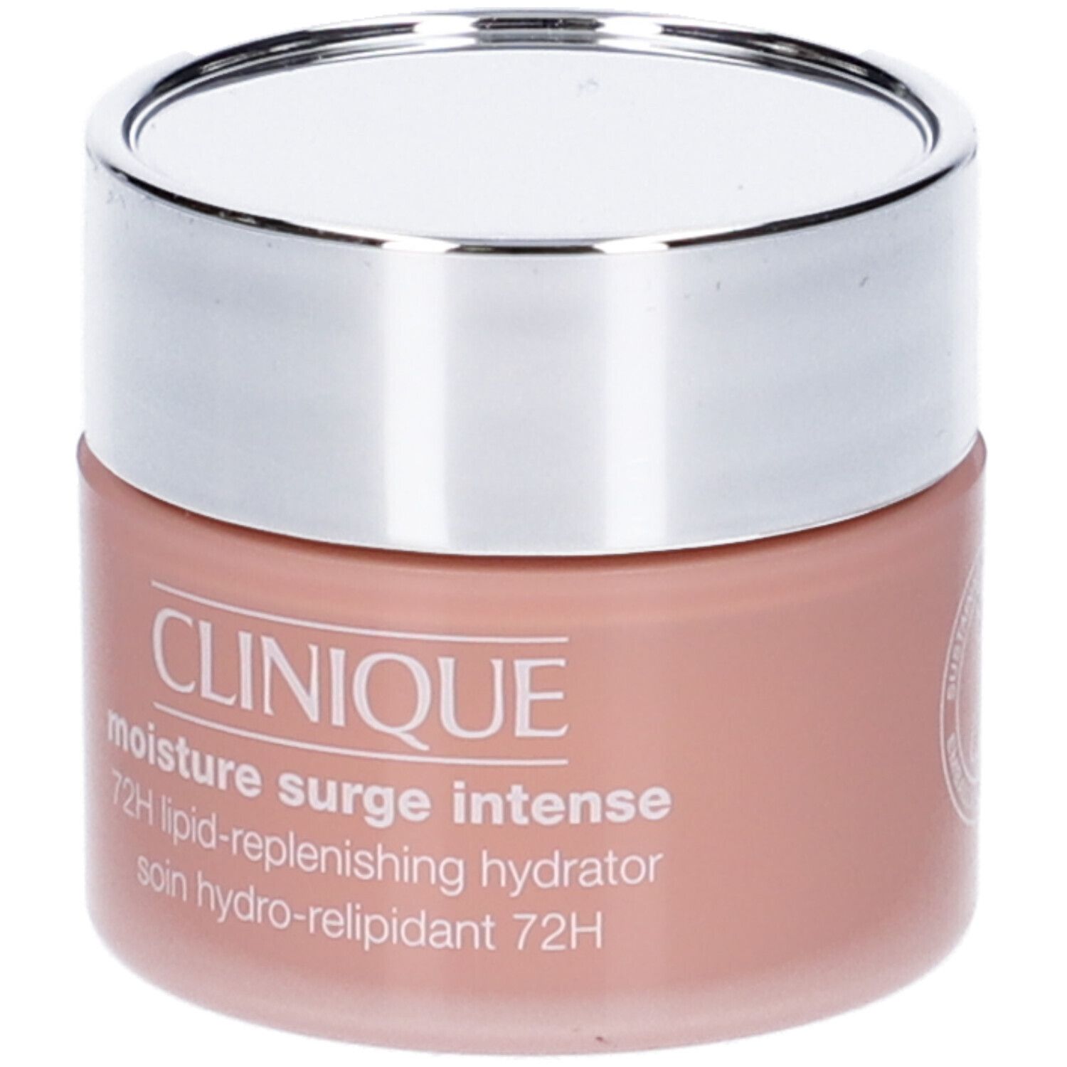 Vaso di crema con coperchio argentato. Scritta: CLINIQUE, moisture surge intense, 72H. Crema rosa.