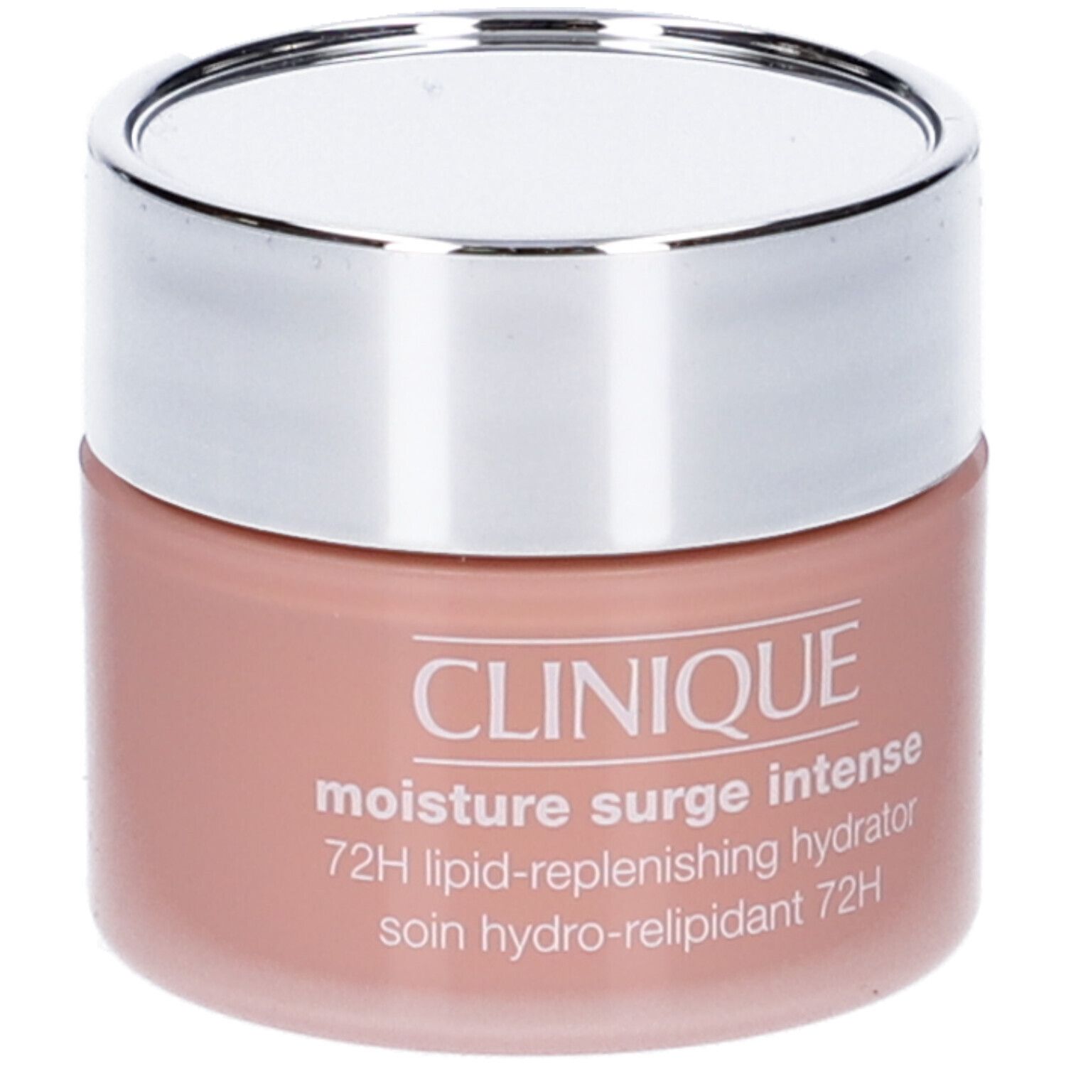 Vaso di crema con coperchio argentato. Scritta: CLINIQUE, moisture surge intense, 72H. Crema rosa.