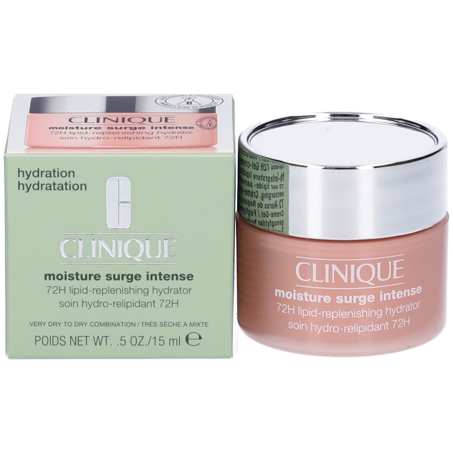 Vaso di crema e scatola. Scritta: CLINIQUE, moisture surge intense, 72H. Scatola verde.