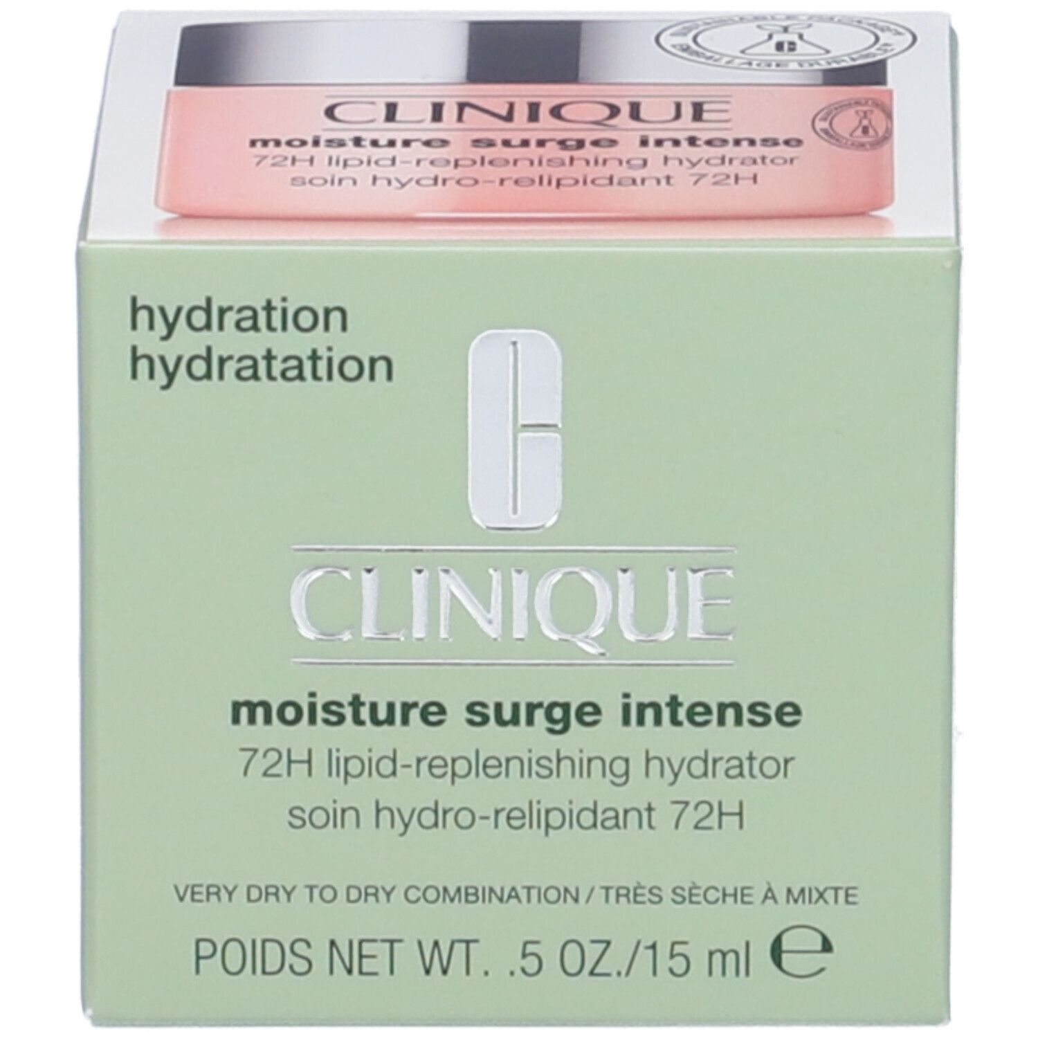 Scatola verde con vaso di crema. Scritta: CLINIQUE, moisture surge intense, 72H. Immagine del prodotto.