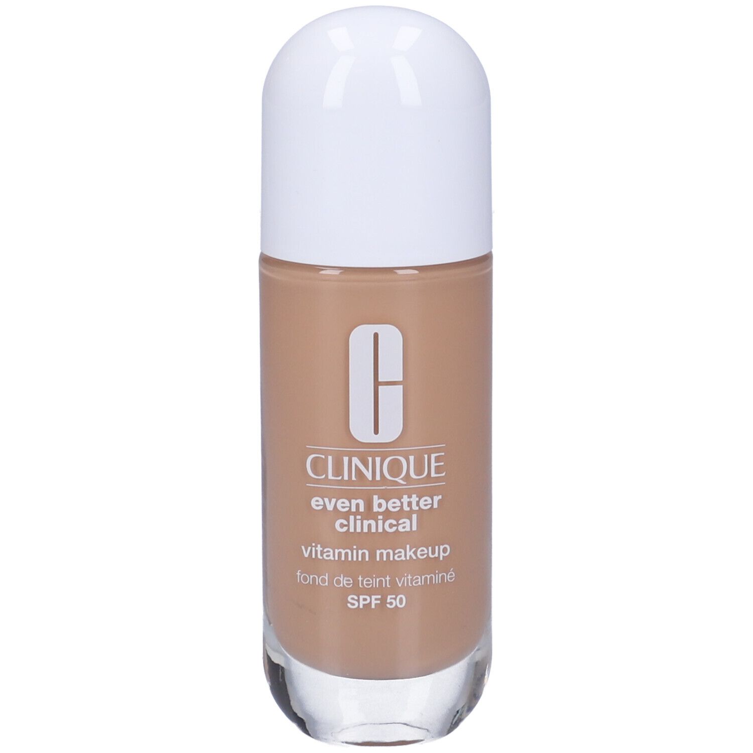 Flacone di trucco. Tappo bianco, trucco marrone. Scritta: Clinique, Even Better Clinical, Vitamin Makeup, SPF 50.