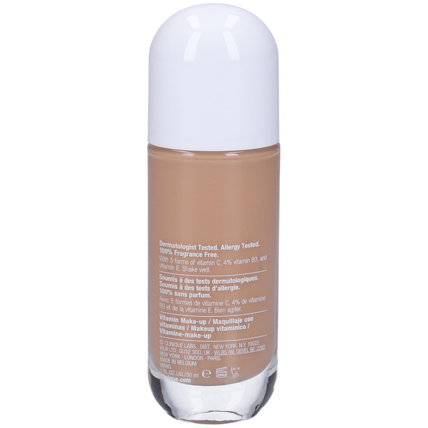 Retro del flacone di trucco. Testo: Dermatologicamente testato, 100% senza profumo. Contiene vitamina C, B3 ed E.