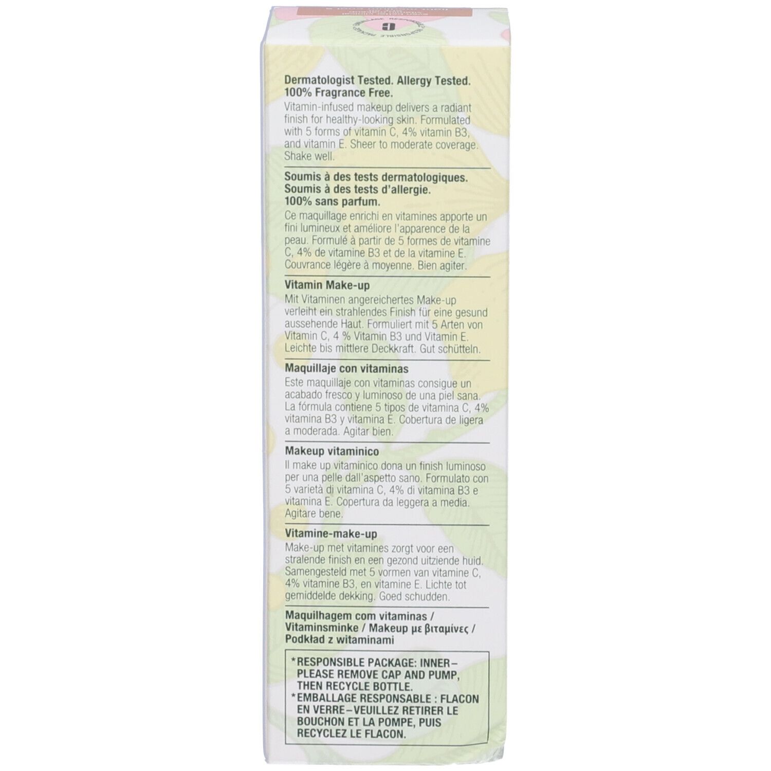 Confezione con testo. Dermatologicamente testato, 100% senza profumo. Contiene vitamina C, B3 ed E. Motivi floreali, rosa e giallo.