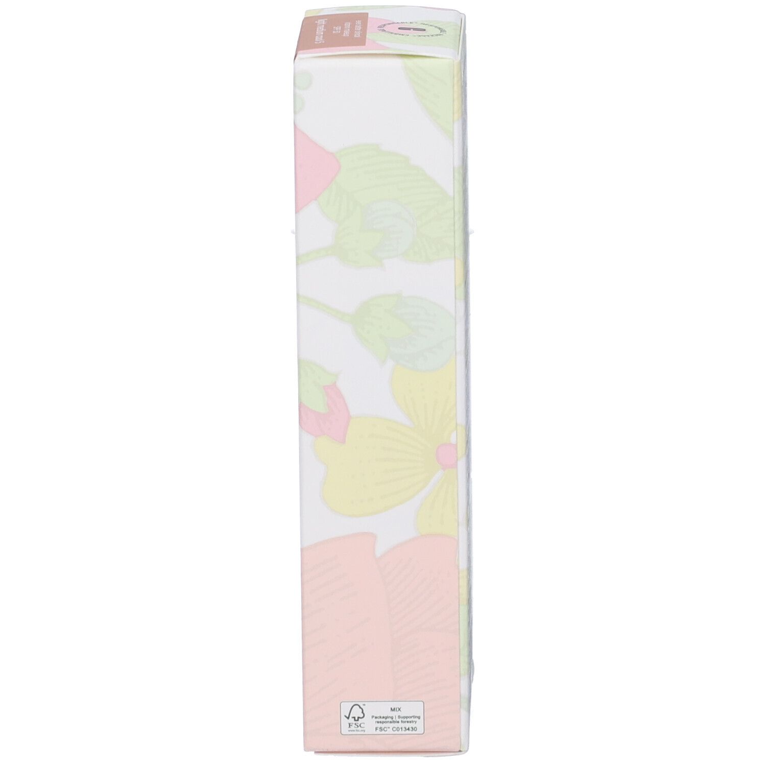 Confezione con motivo floreale. Fiori rosa e gialli su sfondo bianco. Logo FSC.