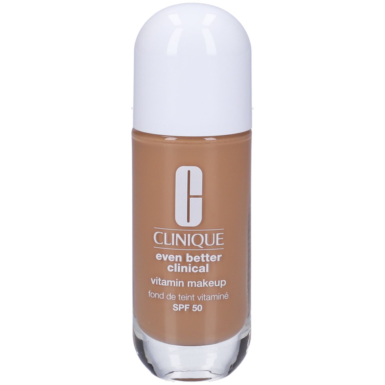 Flacone di trucco. Tappo bianco, liquido marrone. Scritta Clinique, Even Better Clinical, Vitamin Makeup, SPF 50.