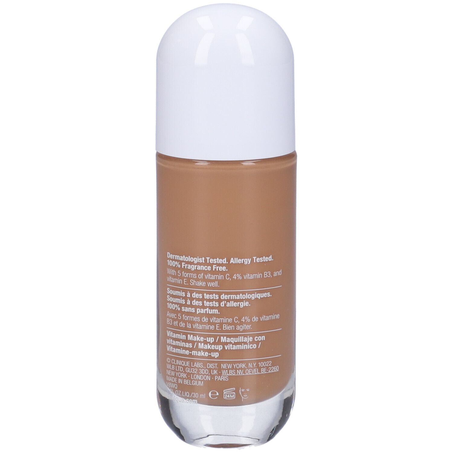 Retro del flacone di trucco. Testato dermatologicamente, 100% senza profumo. Contiene vitamine C, B3 ed E.