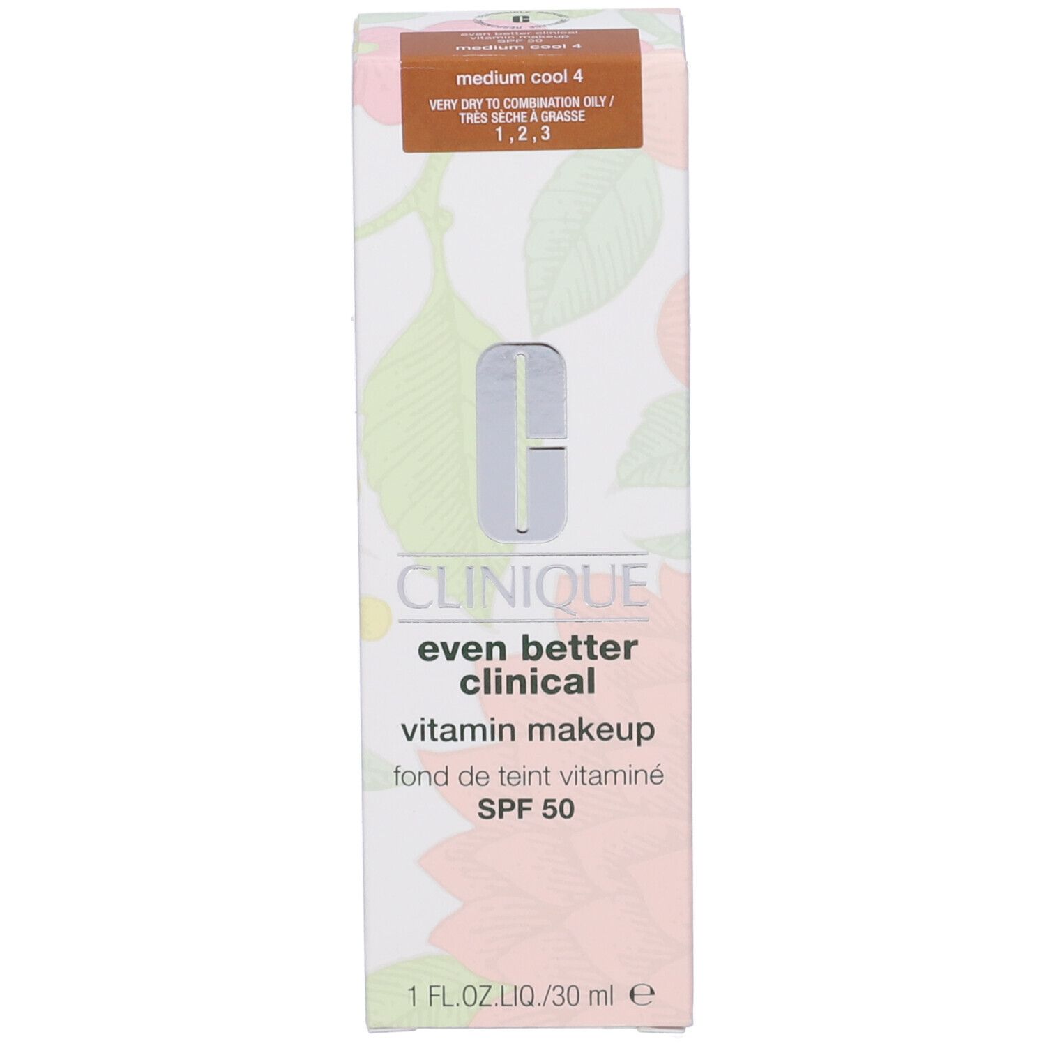 Confezione con nome del prodotto, tonalità e SPF 50. Tonalità Medium Cool 4. Motivo floreale.