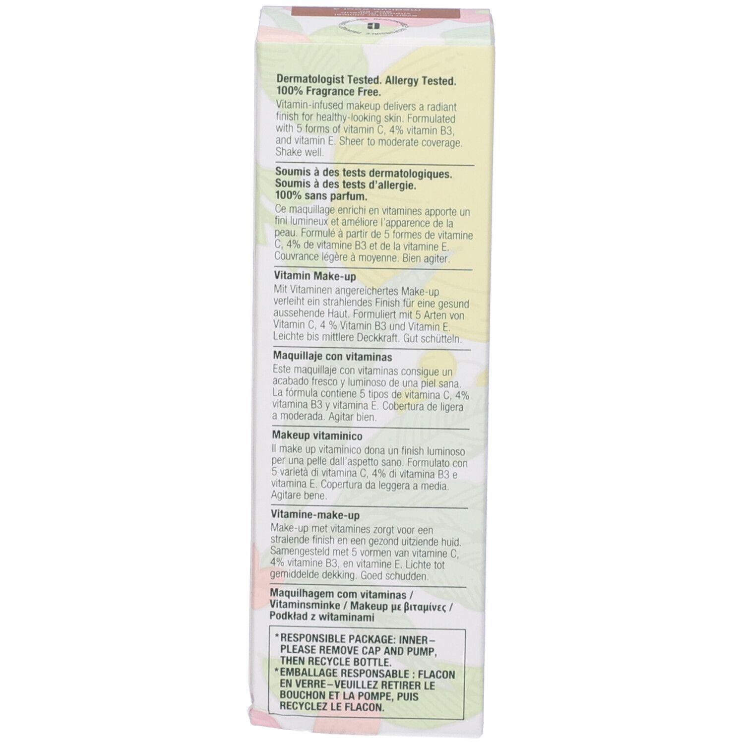 Confezione con testo multilingue. Testato dermatologicamente, 100% senza profumo. Contiene vitamine C, B3 ed E.