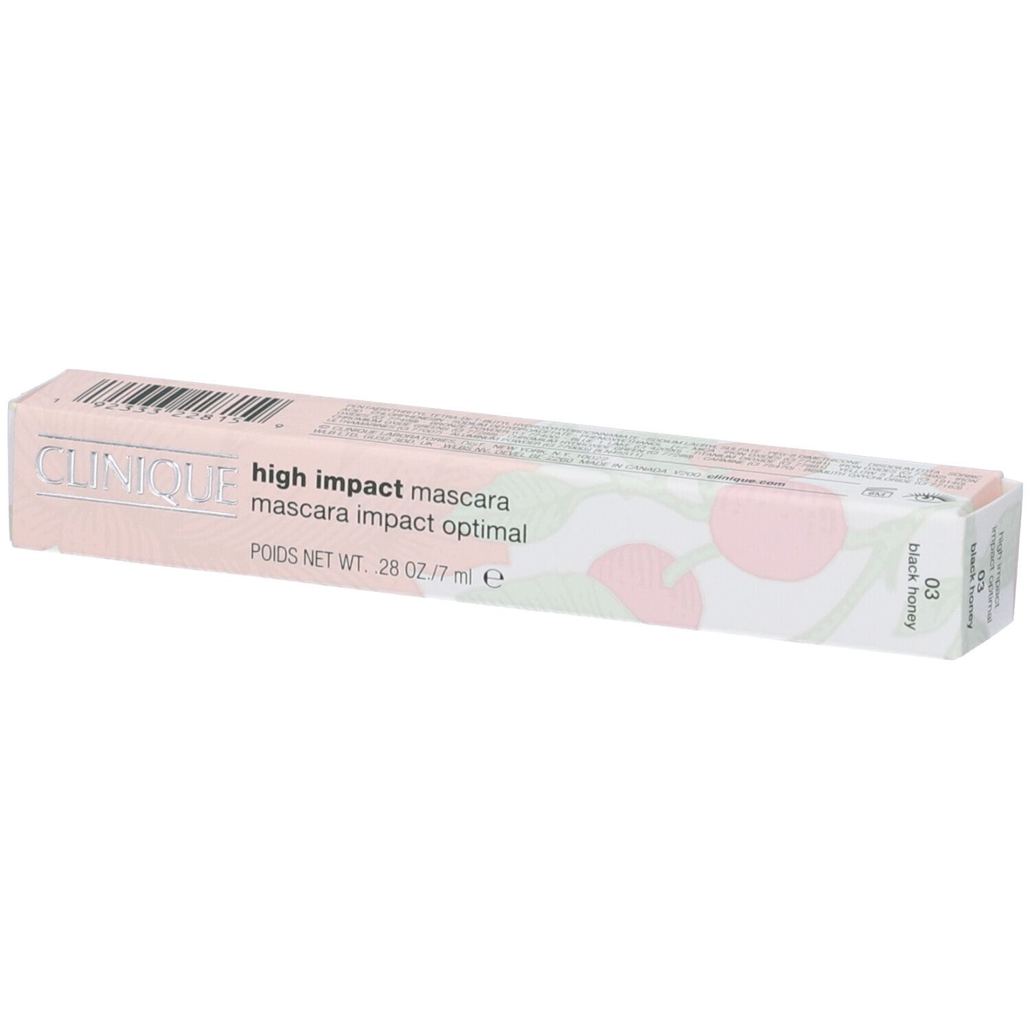 Clinique High Impact Mascara, confezione. Rosa e bianco, testo: High Impact Mascara, Black Honey. Codice a barre.