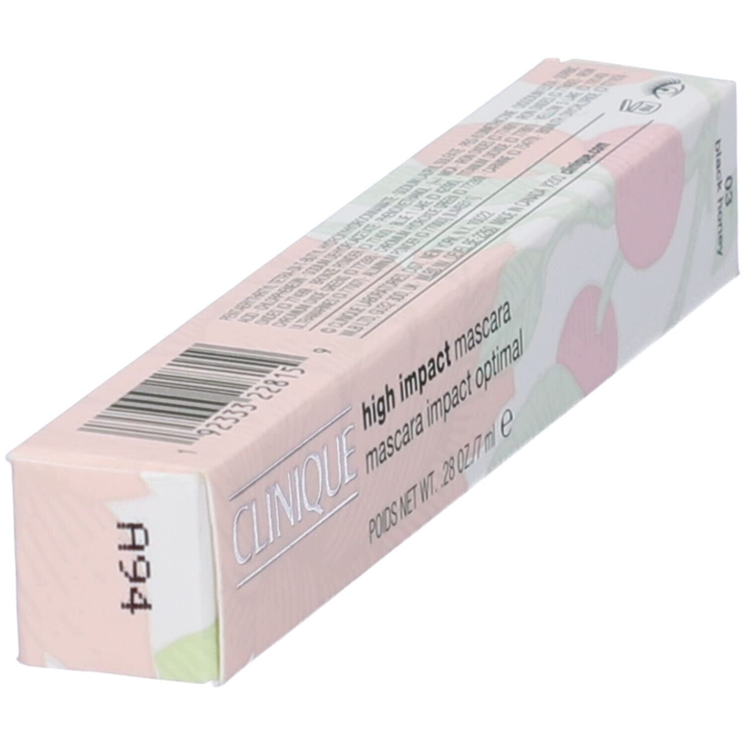 Clinique High Impact Mascara, confezione. Rosa e bianco, testo: High Impact Mascara, Black Honey. Codice A94.