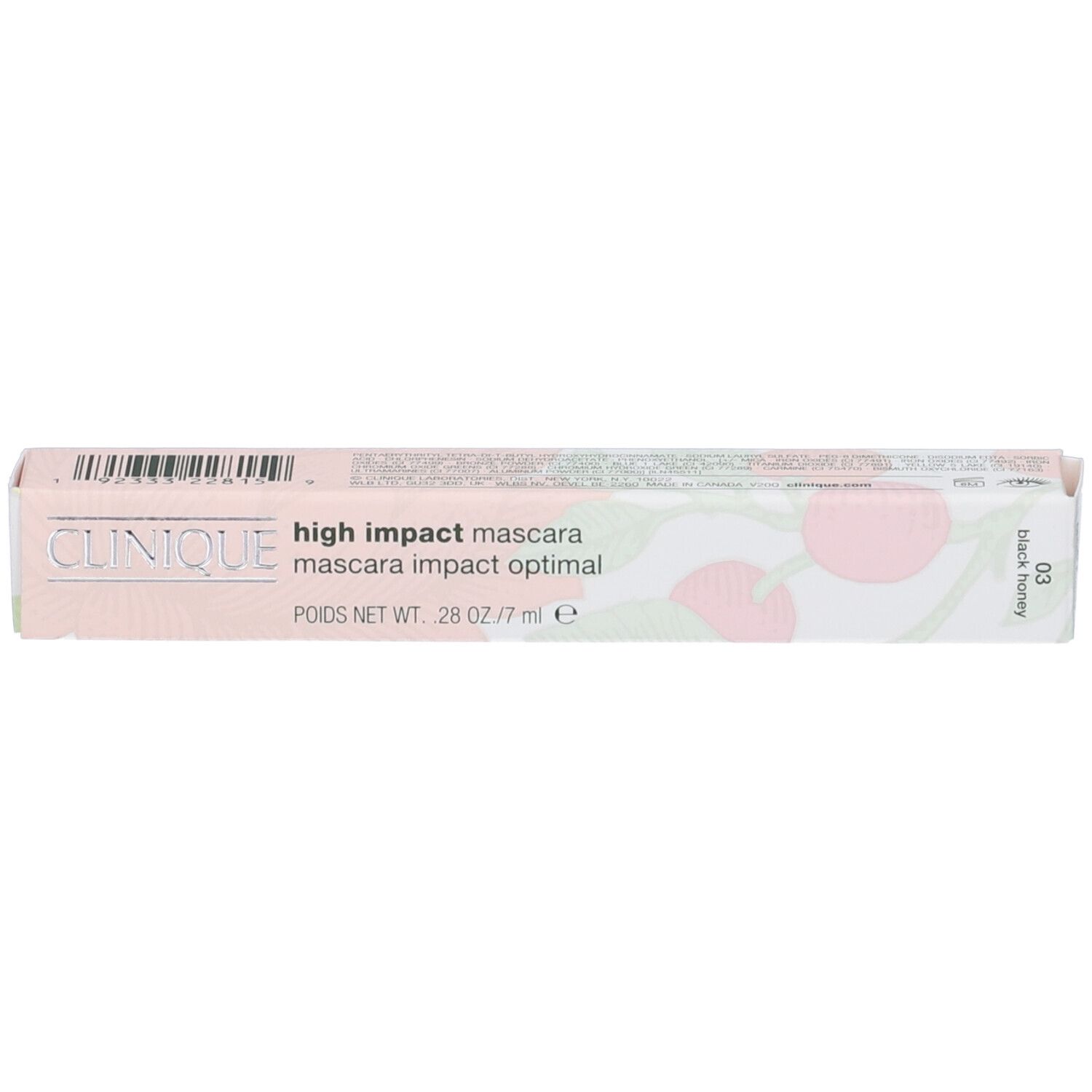 Clinique High Impact Mascara, confezione. Rosa e bianco, testo: High Impact Mascara, Black Honey. Codice a barre.