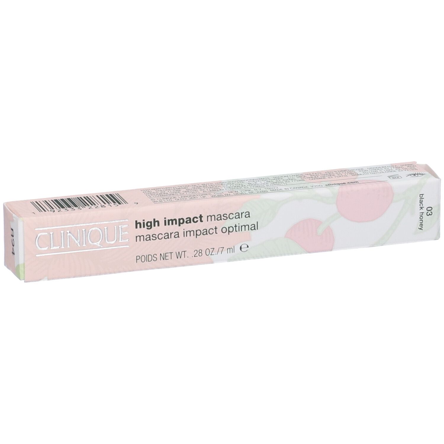 Clinique High Impact Mascara, confezione. Rosa e bianco, testo: High Impact Mascara, Black Honey. Codice 03.