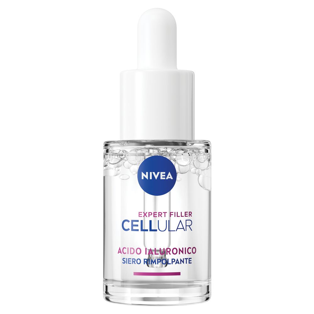 Siero trasparente in flacone di vetro con tappo bianco e contagocce. Scritta: Nivea Cellular Expert Filler.