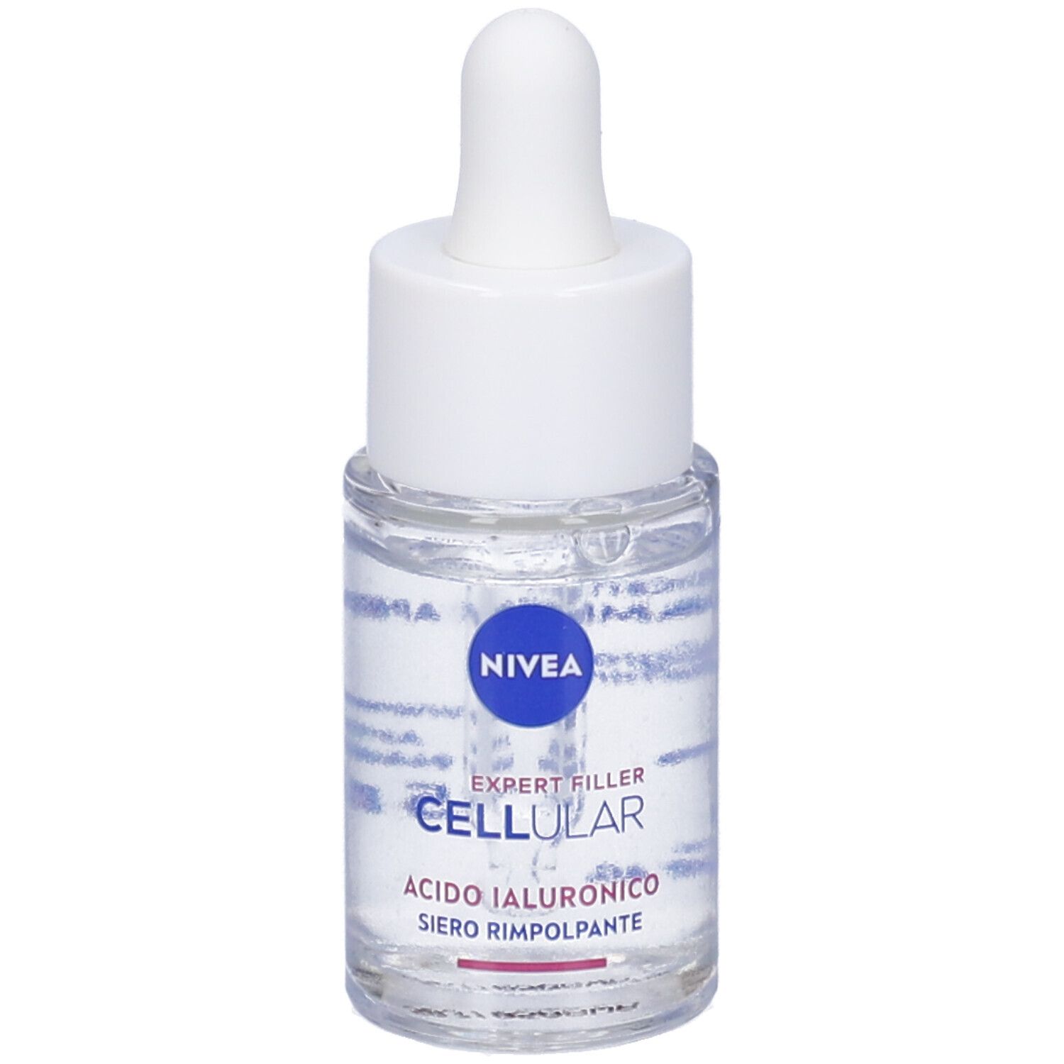 Siero trasparente in flacone di vetro con tappo bianco e contagocce. Scritta: Nivea Cellular Expert Filler.