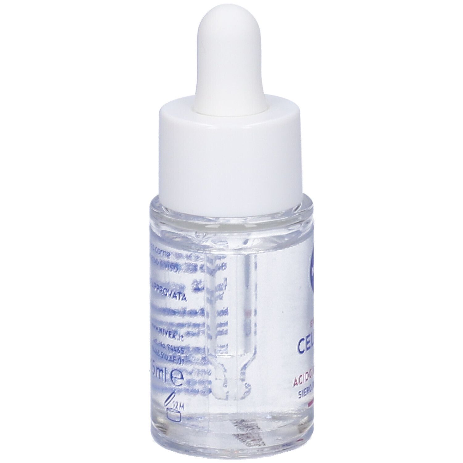 Siero trasparente in flacone di vetro con tappo bianco e contagocce. Scritta: Nivea Cellular Expert Filler.