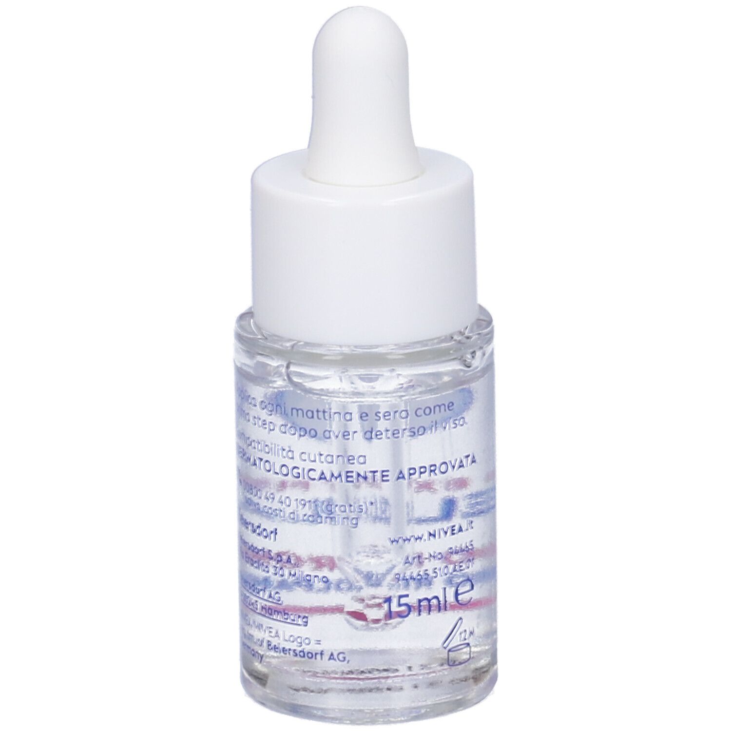 Siero trasparente in flacone di vetro con tappo bianco e contagocce. Scritta: Nivea Cellular Expert Filler.