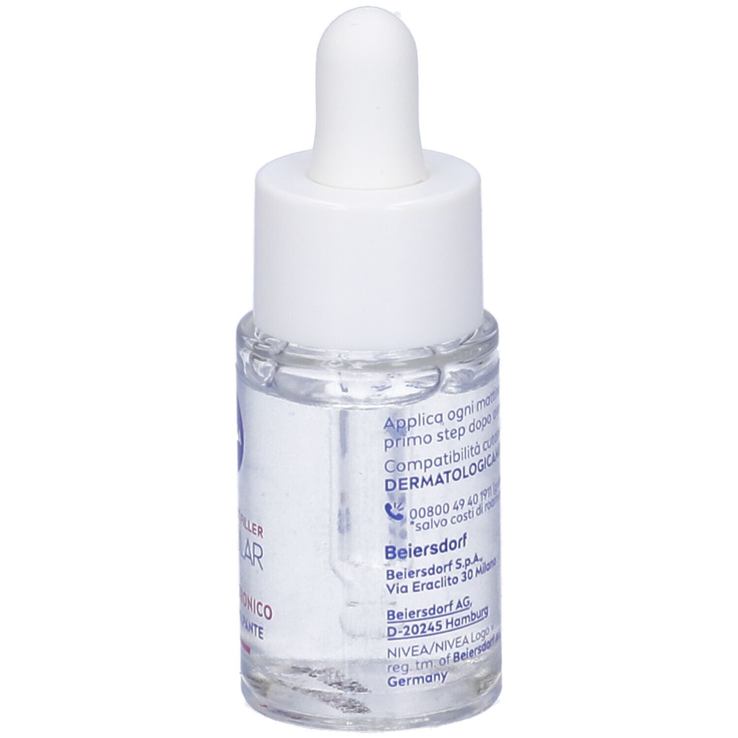 Siero trasparente in flacone di vetro con tappo bianco e contagocce. Scritta: Nivea Cellular Expert Filler.