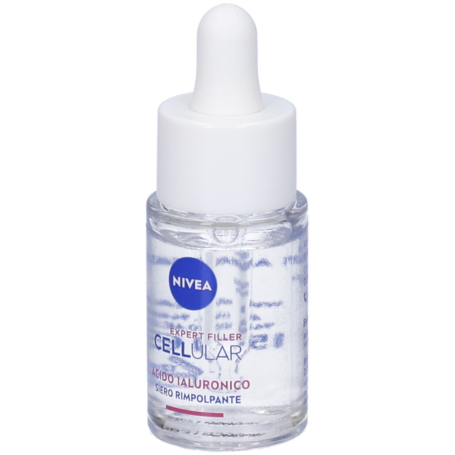 Siero trasparente in flacone di vetro con tappo bianco e contagocce. Scritta: Nivea Cellular Expert Filler.