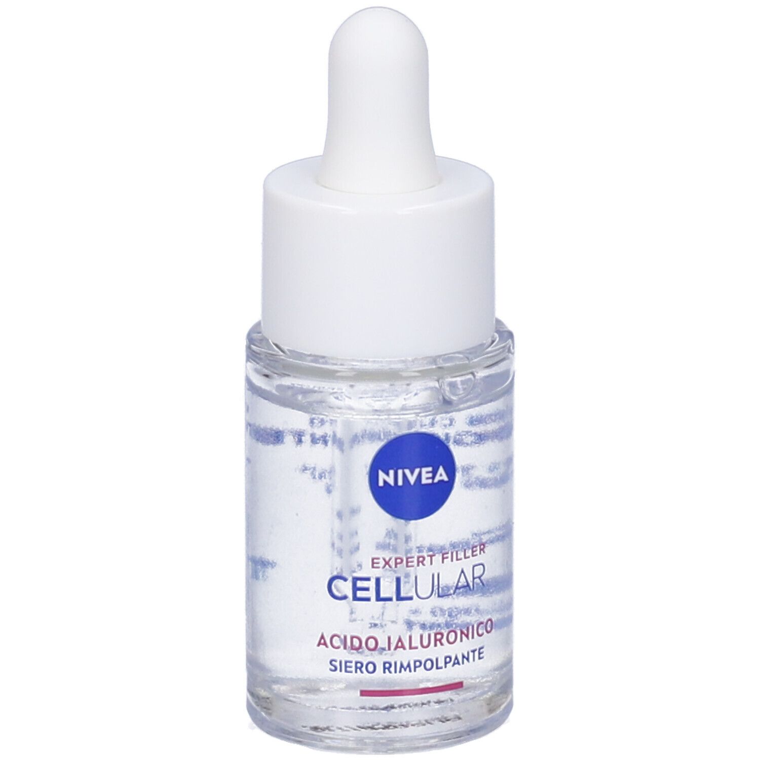 Siero trasparente in flacone di vetro con tappo bianco e contagocce. Scritta: Nivea Cellular Expert Filler.
