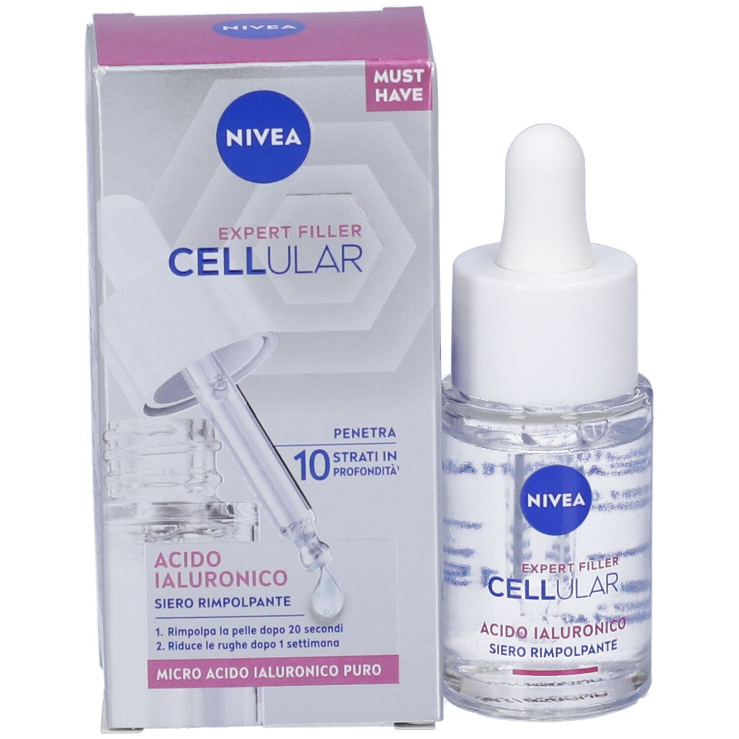 Prodotto con confezione e pipetta. Scritta: Nivea Cellular Expert Filler. Testo: Micro Acido Ialuronico Puro.