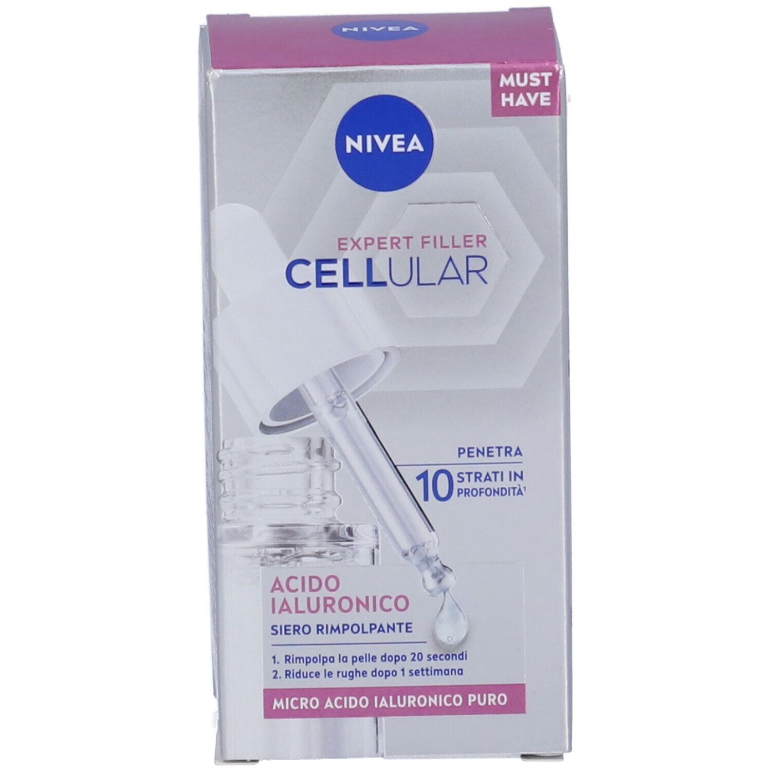Prodotto con confezione. Scritta: Nivea Cellular Expert Filler. Testo: Micro Acido Ialuronico Puro.